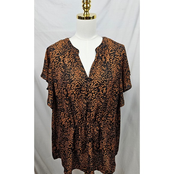 Massini Tops - Massini Womens Animal Print Blouse Cognac Orange Black Elastic Waist Peplum 1X